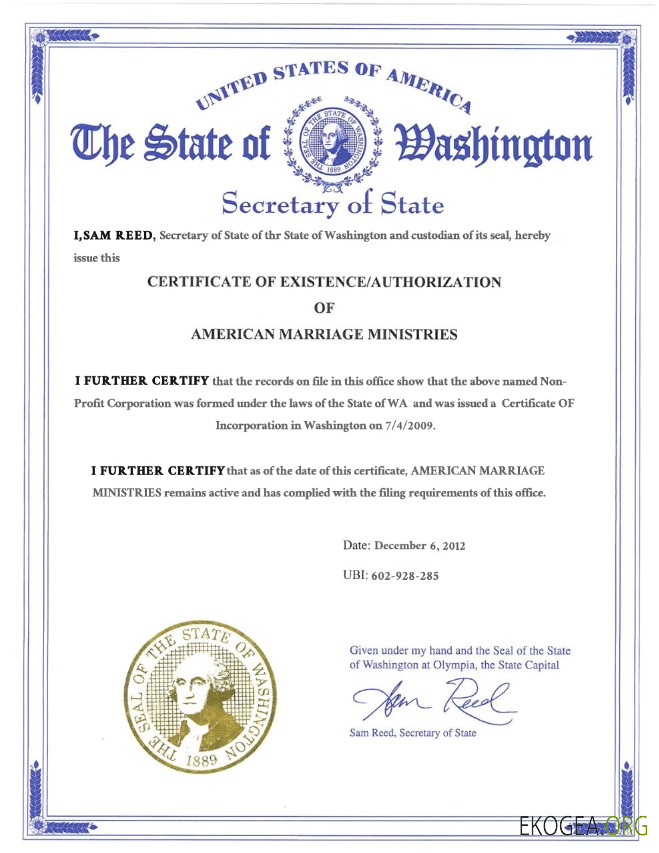 Modèle de certificat de mariage de l'État de Washington aux États Unis au format PSD